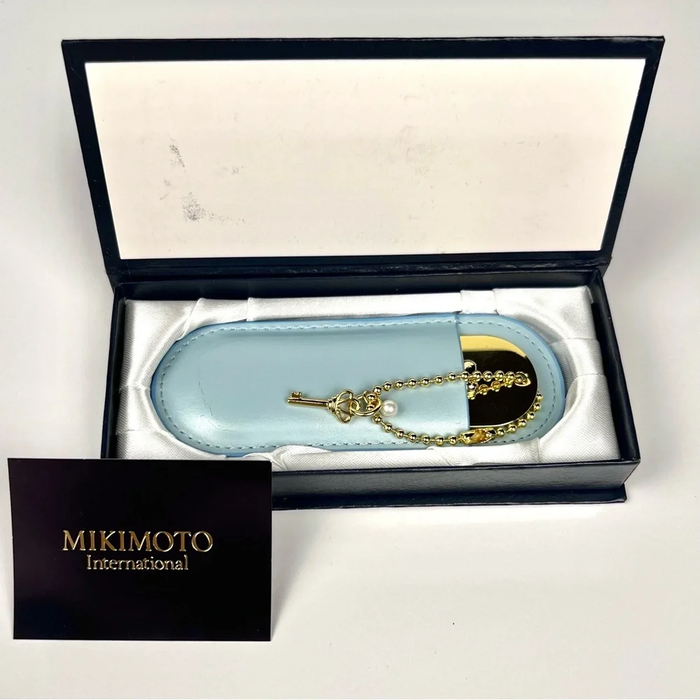 Authentic MIKIMOTO International gold tone metal small mirror with real pearl - Picture 6 of 6